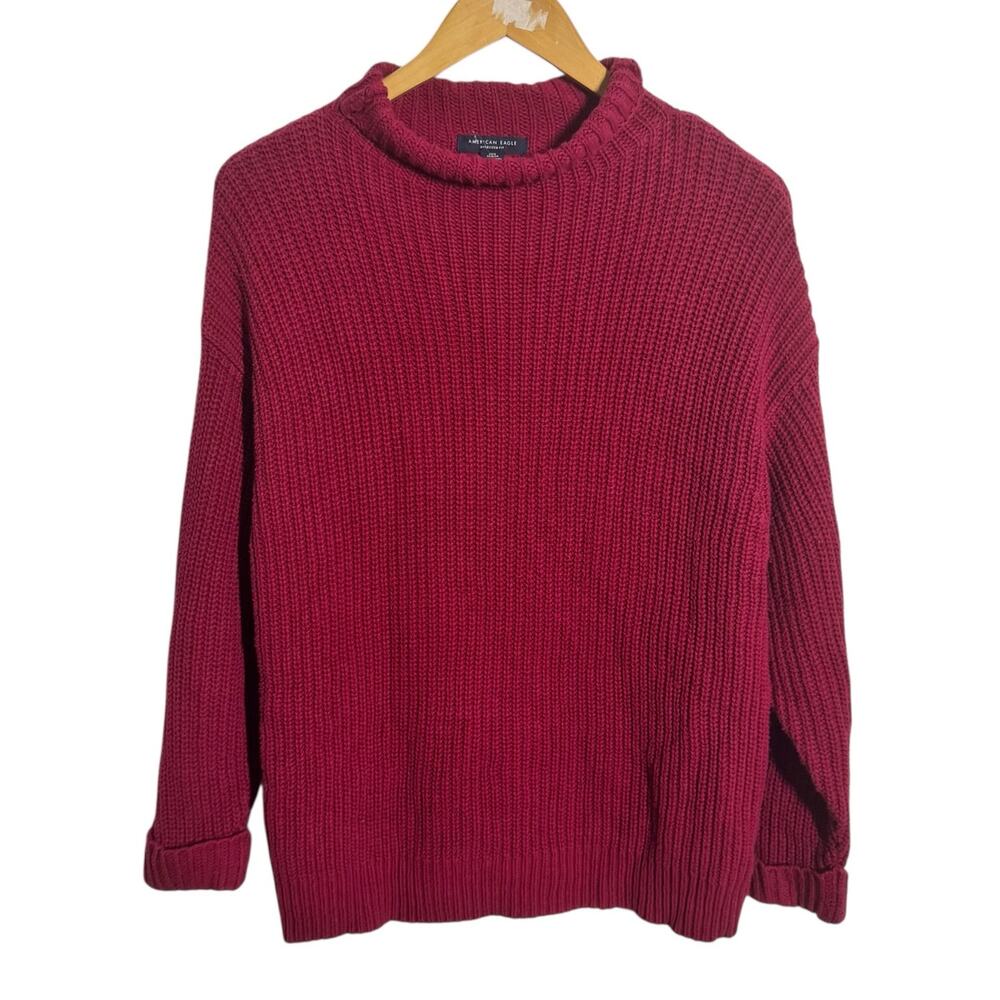 American Eagle Sweater Women XS/S Relaxed‎ Red Knit Holiday Party Roll Neck Cozy